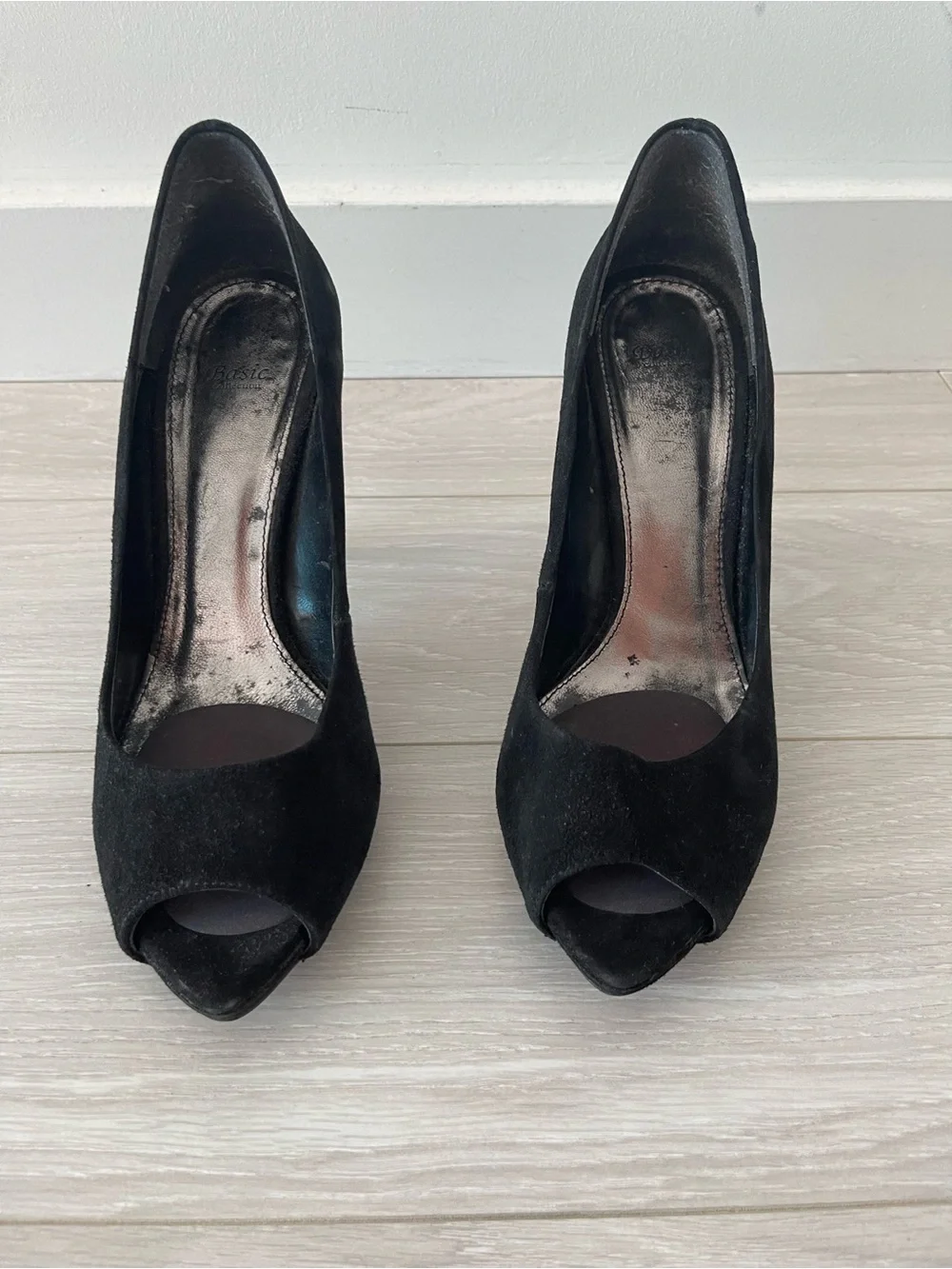 Zara Black Genuine Suede Peep-Toe Heels with Chrome Heel Band Size 40
